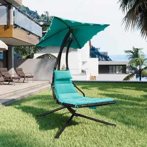 Outdoor Hanging Curved Steel Chaise Lounge Chair Curved Steel Hammock Lounger Chairs Swing with Pillow and Removable Canopy - 1 of 4