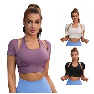 INSPIRE CHIC 3 Packs Women's Halter Neck Push Up Sports Bra Short Sleeve Workout Crop Top Fitness T Shirt - 1 of 4
