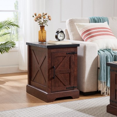 NicBex Farmhouse End Table, Rectangular End Table with Barn Door and Adjustable Storage Shelf, Rustic Sofa Side Table for Living Room, White