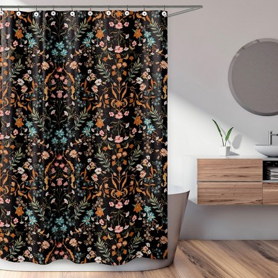 Boho Black and Orange Floral Fabric Shower Curtain 72x72