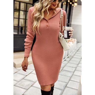 Women's 2024 Long Sleeve Sweater Dress Button Knit Slim Fit Casual V Neck Elegant Bodycon Midi Dresses Champagne Small