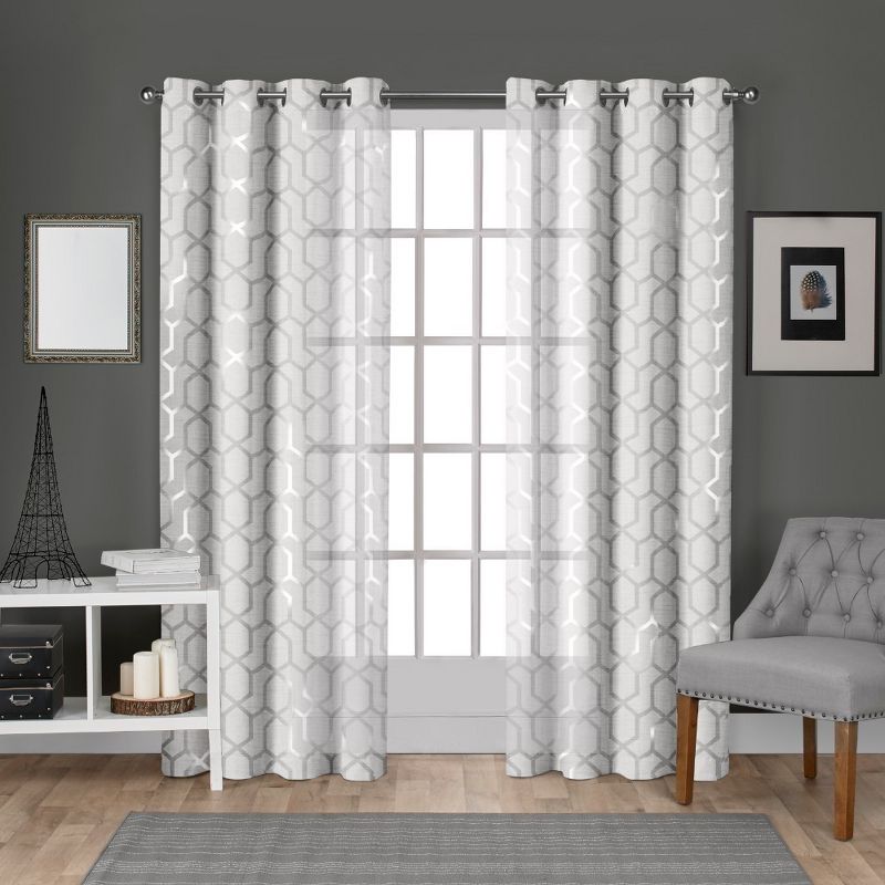 Exclusive Home Panza Sheer Linen Printed Metallic Geometric Grommet Top Window Curtain Panel Pair, 1 of 10