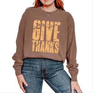 Give Thanks Block Distressed - Women's Garment Dyed Long Sleeve Graphic T-Shirt - 1 of 4
