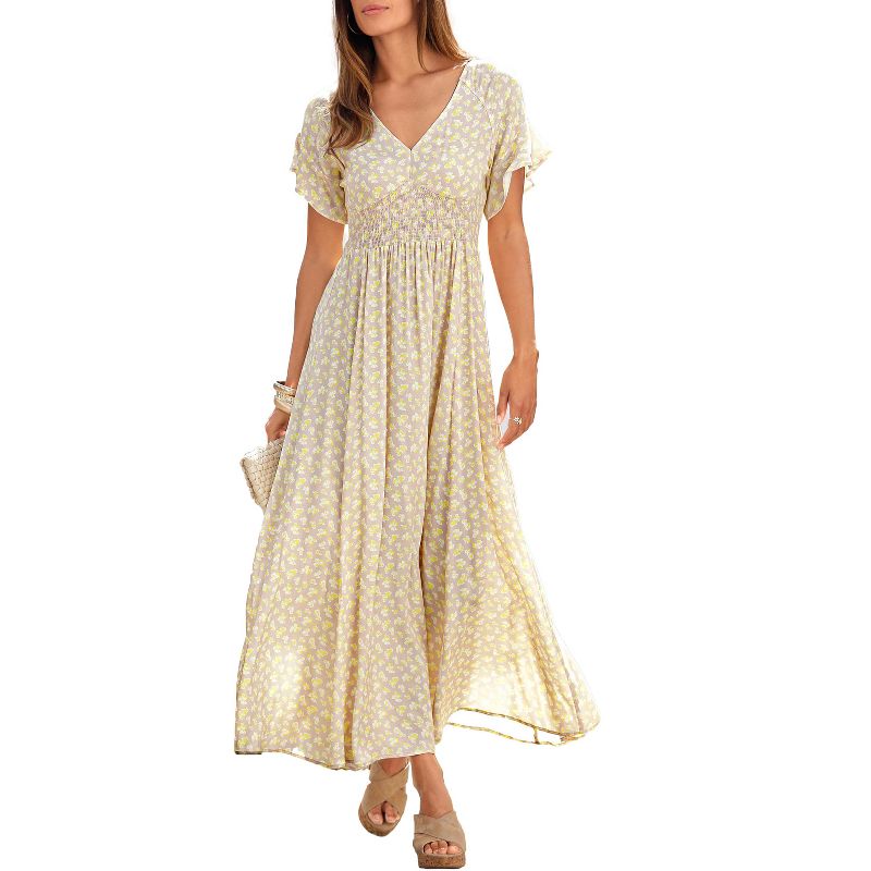 LASCANA Women's Floral V-Neck Maxi Dress  with Flounce Sleeves Sundress Summer, 1 of 8