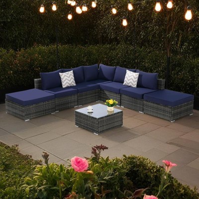 8-Pieces Outdoor Patio Sectional Sofa Set with Washable Cushions & Glass Coffee Table