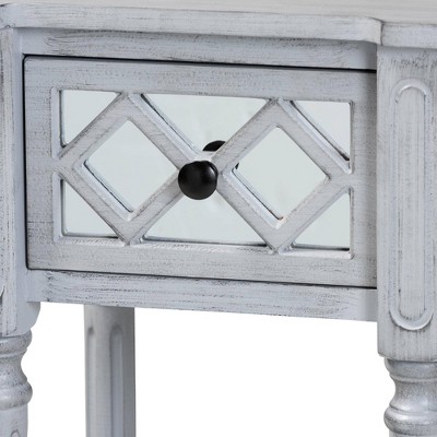 Gray Wood Accent Table with Mirrored Drawer and Storage Shelf