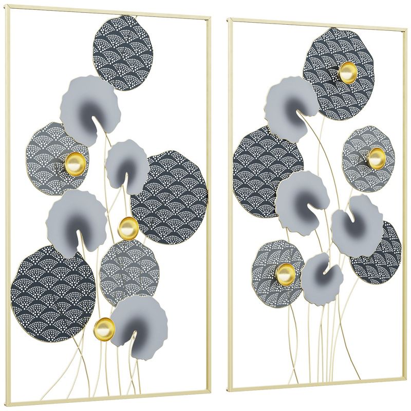 HOMCOM 3D Metal Wall Art Set of 2 Modern Lotus Leaves Hanging Wall Sculpture Home Decor for Living Room Bedroom Kitchen 20"x32"x2, gray and Gold, 4 of 7