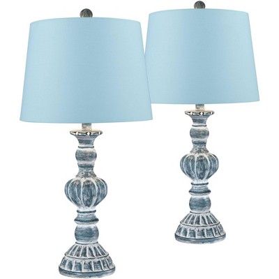 Regency Hill Country Cottage Table Lamps Set of 2 Blue Wash Fabric Hardback Drum Shade for Living Room Bedroom House Bedside Home