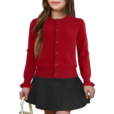Girls Long Sleeve Cardigan Sweater Crew Neck Uniform Knit Sweater Button Down Ruffle