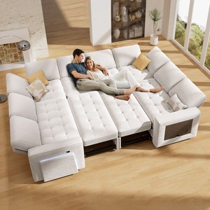 Dyonery 8 Seat U-Shaped Modular Sectional Sleeper Sofa with Pull Out Bed/Reclining Backrest/USB Ports/LED Light Tool-Free Assembly,Chenille Beige - 1 of 4