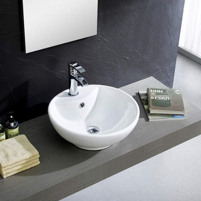 Glossy White Ceramic Circular Vessel Sink with Overflow