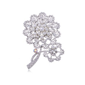 Anna-Kaci Silvery Tone Faux Pearl Rhinestone Two Dandelion Flowers Fashion Pin Brooch - Multicolor - 1 of 4