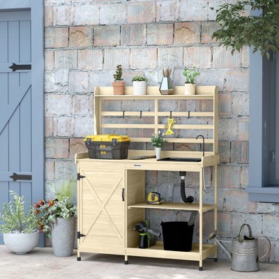 Natural Wooden Potting Bench with Storage and Sink