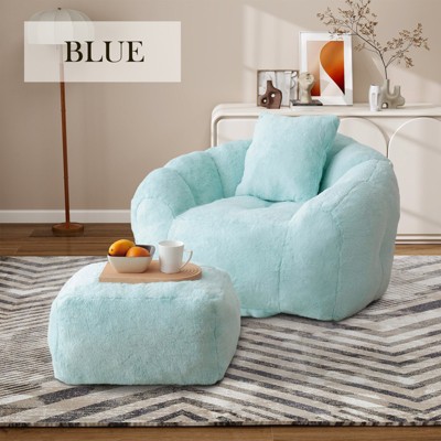 Hrinhom 45.4" W Modern Bean Bag Chairs,Faux Fur Lazy Sofa Reading Chair With Ottoman