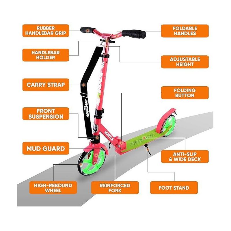 Hurtle Push Scooter for Kids with Adjustable T-Bar Handlebar and Anti-Slip Deck (Pink/Green), 5 of 9