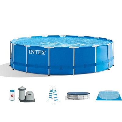 Intex 15 Foot by 48 Inch Round Metal Frame Above Ground Swimming Pool Set for Outdoor Use with Filter Pump, Ladder, Ground Cloth, and Cover, Blue