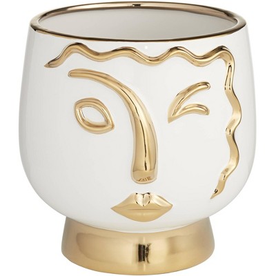 Studio 55D Modern Face Wink 8" High Gold and White Ceramic Vase