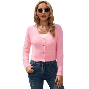 Coolmee Women's Furry Cropped Cardigan Long Sleeves Open Front V-Neck Button Down Casual Knit Sweater Coat - 1 of 4