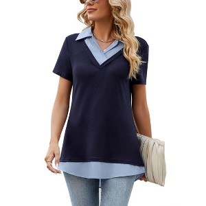 Clearlove Women's Long Sleeve Contrast Collared Shirts Patchwork Work Blouse Tunics Tops - 1 of 4