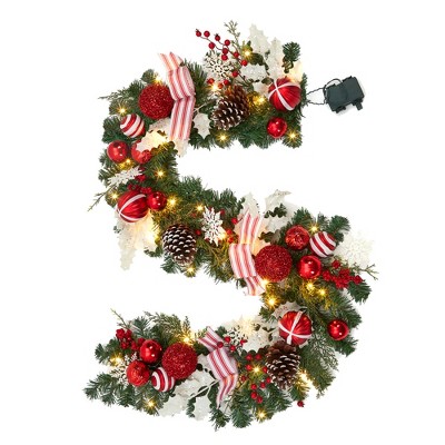 6 Ft Pre-Lit Christmas Garland, Waterproof Lighted Garland with 20 Warm White Led Lights, Pine Cones & Red Berries