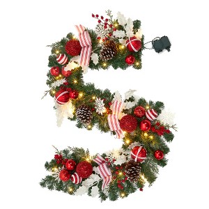 6 Ft Pre-Lit Christmas Garland, Waterproof Lighted Garland with 20 Warm White Led Lights, Pine Cones & Red Berries - 1 of 4