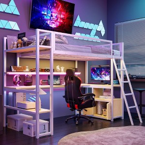 TIRAMISUBEST Twin Size Metal Loft Bed Frame with Built-in Computer Desk, LED Light, Cabinet and Charging Station - 1 of 4