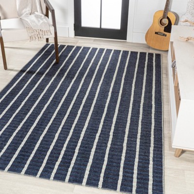 Ivory and Navy Striped 8' x 10' Machine-Washable Rug