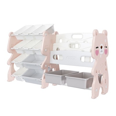 VYNXARIA Kids Toy Storage Organizer with 2-Tier Bookshelf and 12 Bins, Pink, Perfect for Playroom and Classroom