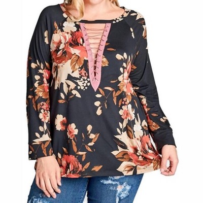 Women's Floral Lace Up Top - PLUS - umgee