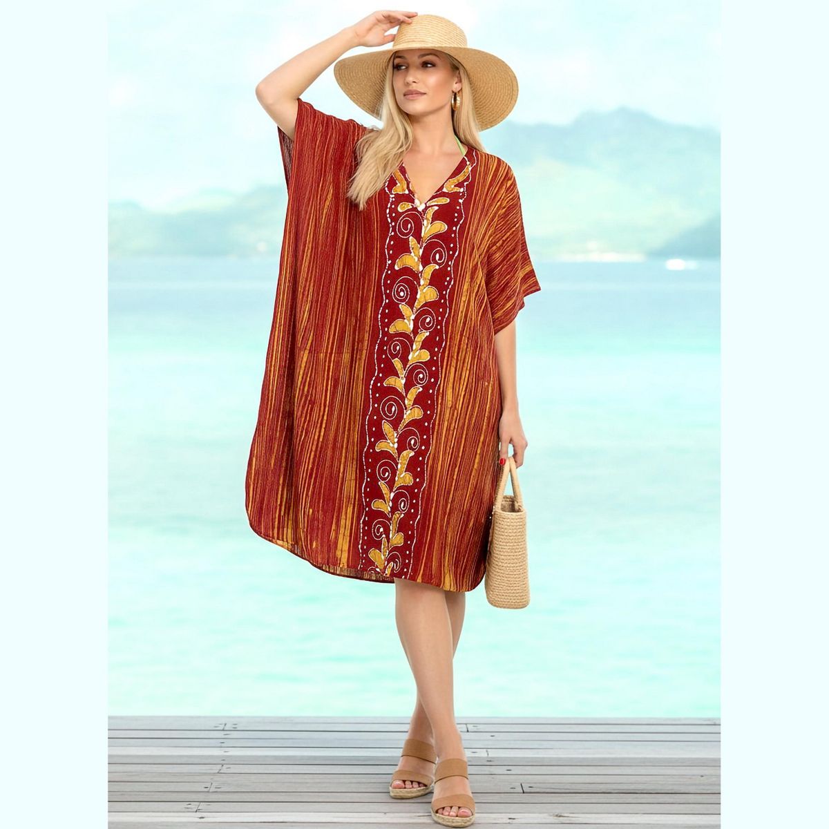 LA LEELA Summer Cotton Women Tunic Dress Resortwear Vacation Holiday Cruise Pregnancy Wear Relaxed Fit Travel Outfit 2X-3X Orange Paisley - thumbnail 5