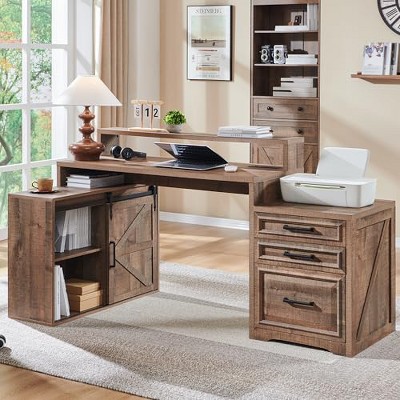 TAJSOON Home Office Desk, Modern Farmhouse Computer Desk with File Cabinet Letter T4 F4 Legal, Study Writing Desk, 67 Inch, Warm Brown