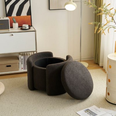 Sapphtopaz Lamb Fleece Round Ottoman with Storage, Plush Ottoman Bench for Living Room or Bedroom, Upholstered Bedroom End Bench
