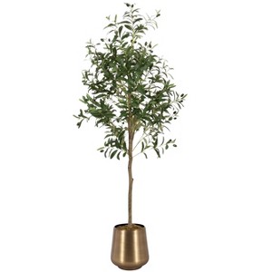 Kate and Laurel Oliveira Faux Olive Tree with Portell Metal Planter Pot, 5 FT, Antique Brass - 1 of 4