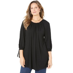 Catherines Women's Plus Size Ruched Neck Tie-Sleeve Top - 1 of 4