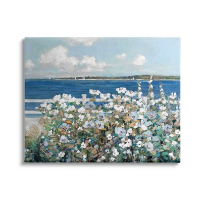 Stupell Industries Beautiful White Flower Bush Seaside Fence Ocean View Canvas Wall Art