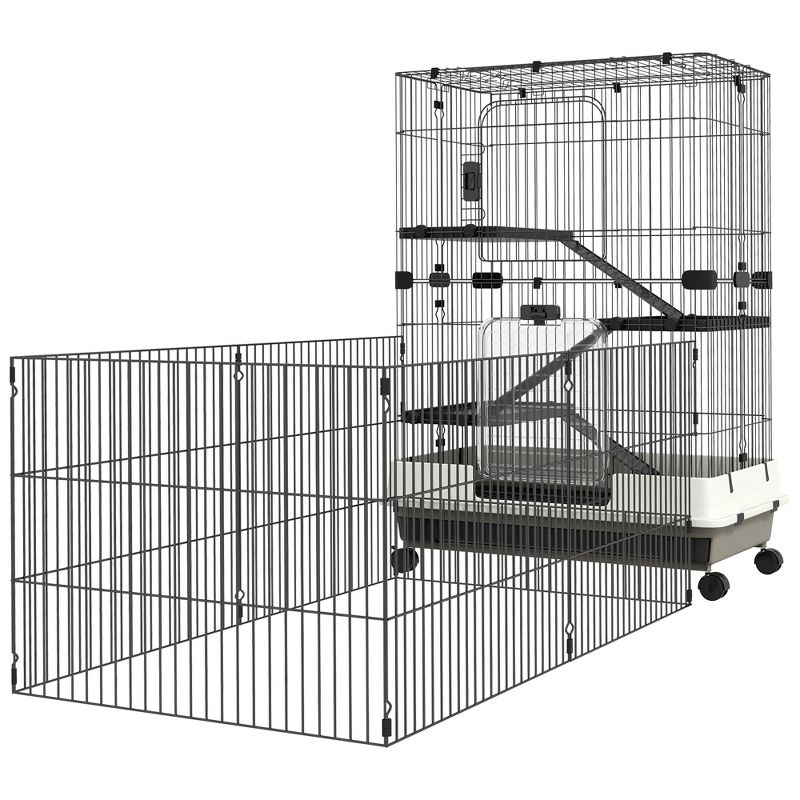 PawHut 45" Small Animal Cage with Wheels, 4-Level Portable Bunny Cage, Chinchilla Ferret Cage with Removable Tray, Platforms and Ramps, Black, 4 of 7