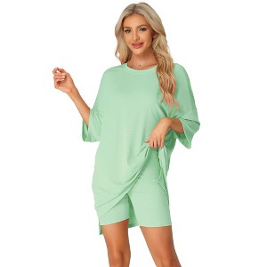 cheibear Women's Knit Loose Fit T-Shirt with Biker Shorts Lounge Sleepwear Pajama Sets - 1 of 4