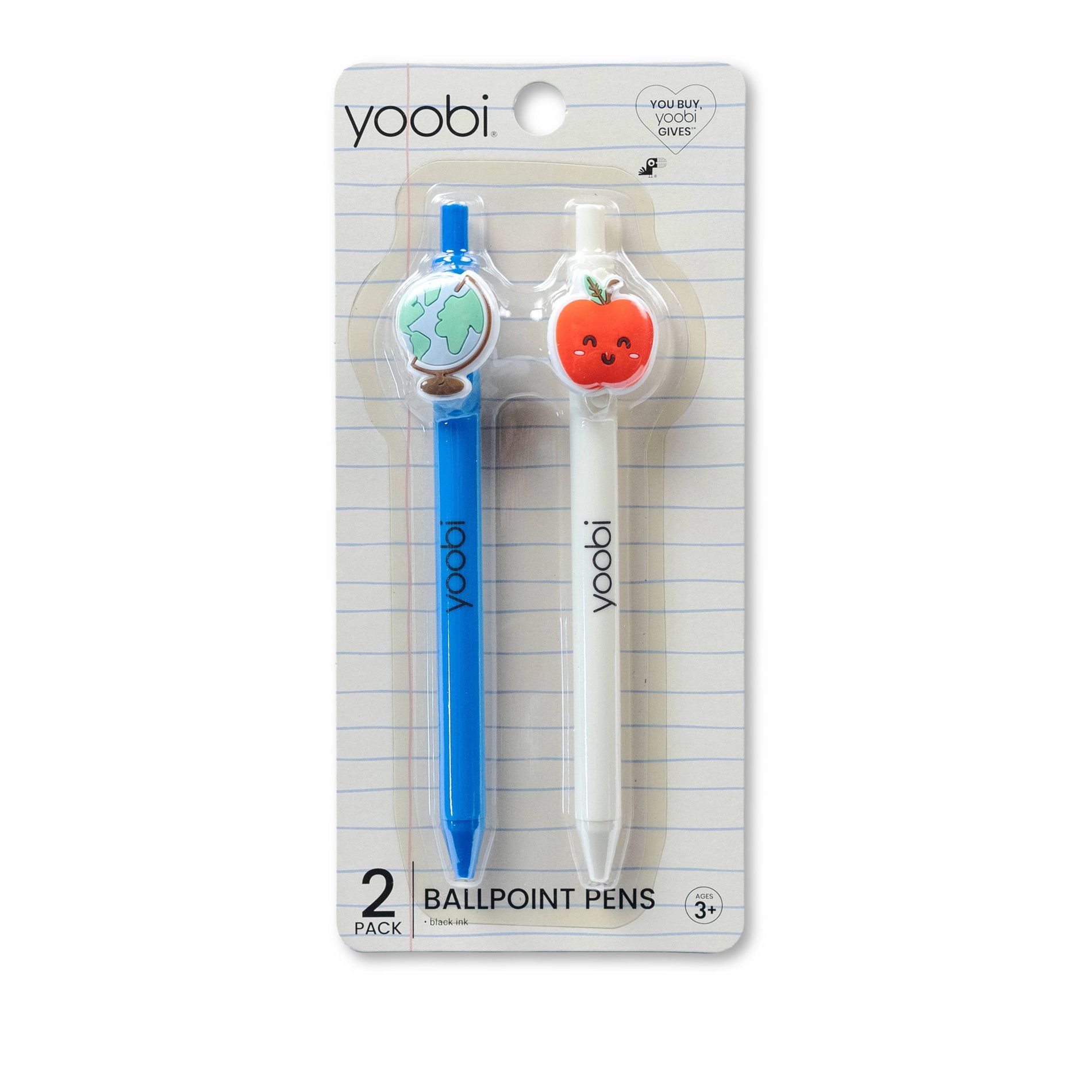 Yoobi 2pk Retractable Ballpoint Pens with Silicone Globe and Apple Charms 1.0mm Black Ink - Teacher Gift