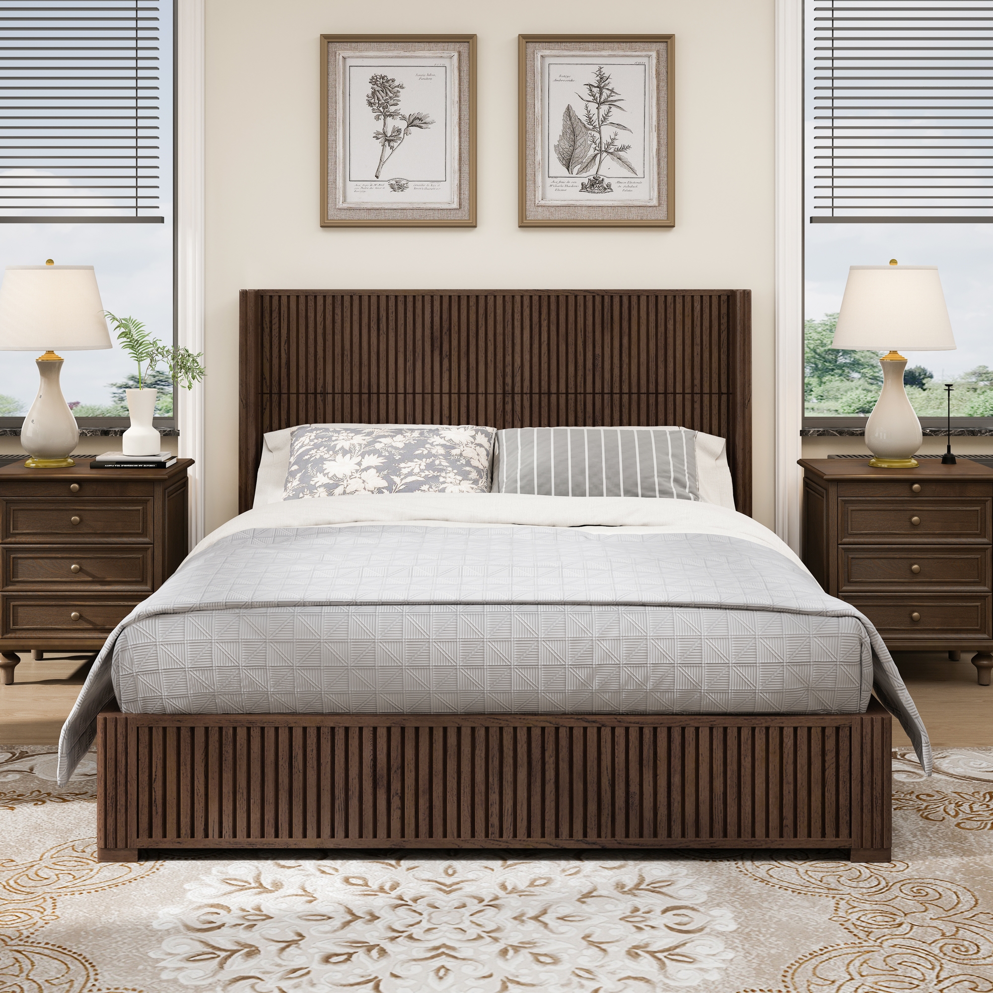Queen Size Platform Bed Solid Wood Bed Frame with Vertical Fluted Headboard, Mid-Century Modern, Walnut - ModernLuxe