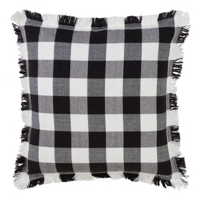 20"x20" Oversize Fringed Buffalo Plaid Down Filled Square Throw Pillow Black - Saro Lifestyle