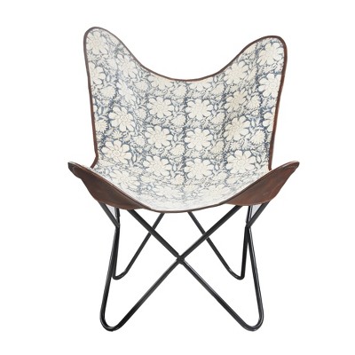 HomeRoots 30" Blue And Cream Canvas Floral Butterfly Chair