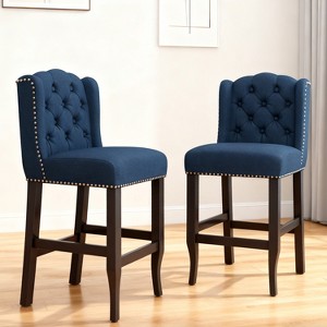 27" Contemporary Tufted Fabric Wingback Counter Stools, Set of 2, Navy Blue with Dark Brown Legs, Stylish and Comfortable Counter Chairs - 1 of 4