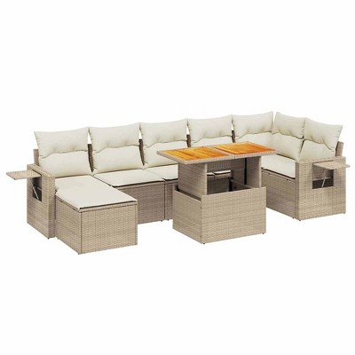 vidaXL 8 Piece Patio Sofa Set with Cushions Beige and Cream Poly Rattan - 3x Middle 3x Corner Footrest Table