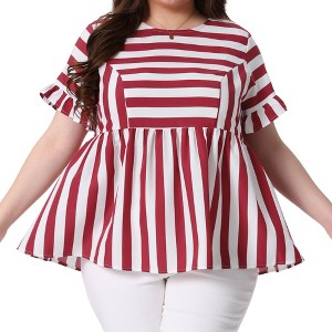 Women's Plus Size Stripe Ruffle Short Sleeve Crew Neck Loose Babydoll Blouses - Agnes Orinda - 1 of 4