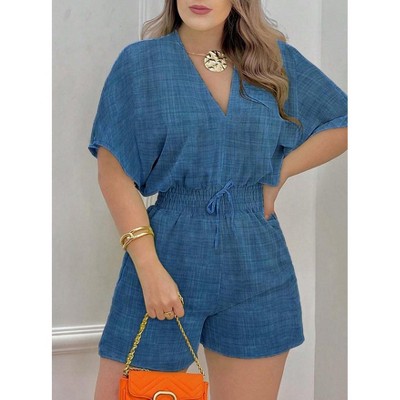 Summer Holiday Bamboo Section Denim Effect Batwing Sleeve V-Neck Cinching Waist Romper