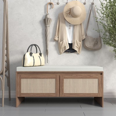 Hrinhom 39.4" W Rattan Storage Bench With Cushion,Shoe Cabinet, Entryway Seat