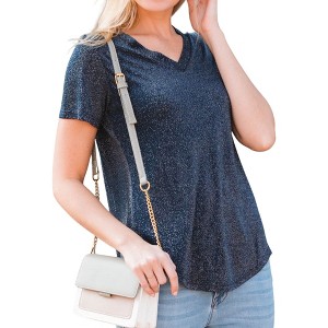 Amaryllis Women's Short-Sleeve Casual V-Neck Shimmer High Low Lightweight Tee Soft - 1 of 4