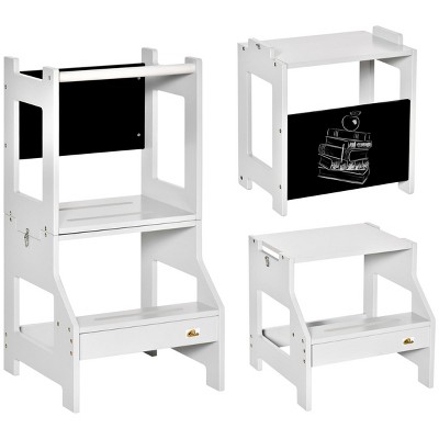 INFURNIC Ladders Kids Kitchen Step Stool with Chalkboard and Safety Rail for Kitchen and Bathroom Use, White, 16.5"*17.3"*33.8"