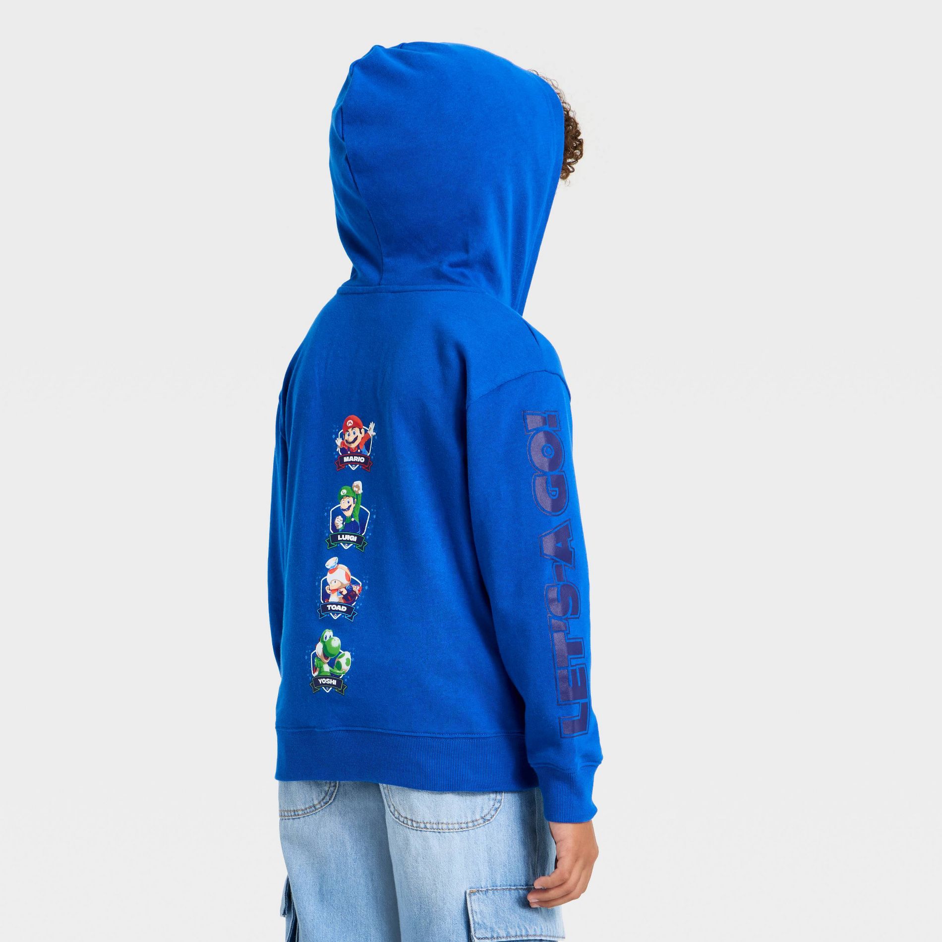 Boys' Nintendo Super Mario Brothers French Terry Front and Back Graphic Hoodie Full Zip-Up Sweatshirt - Blue