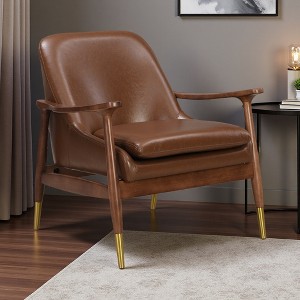29.2" Cognac Faux Leather Mid-Century Accent Chair with Brass-Tipped Legs - 1 of 4